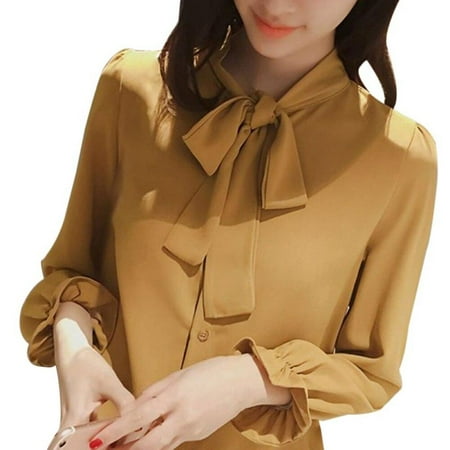

SweetCandy Women s Solid Color Long Sleeve Shirt Butterfly Tie Shirt