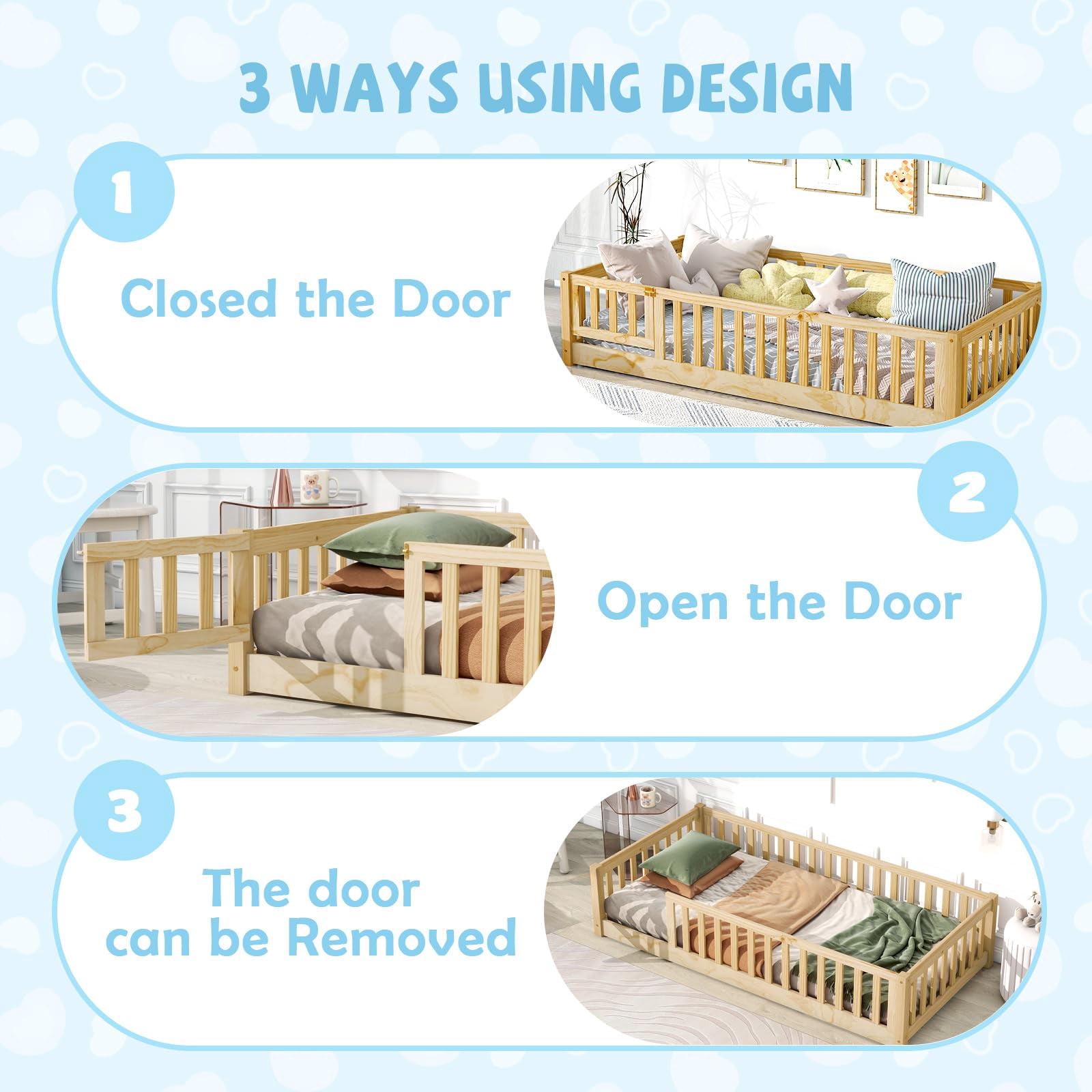 DreamBuck Floor Bed Full Size Montessori Bed Frame with Fence and Door, Wooden Full Size Floor Bed for Boys Girls, Slats Included, No Box Spring Needed, Easy Assembly