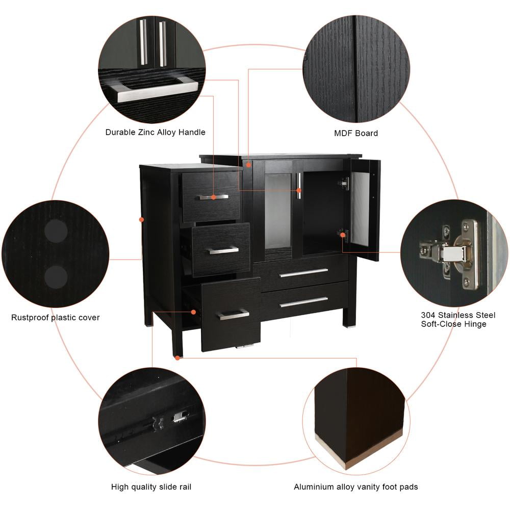Eclife 36"W x 20"D x 32"H Black Bathroom Vanity Cabinet Sink Combo White Square Tempered Glass Vessel Sink with Side Cabinet with Faucet Drain High Definition Mirror Set