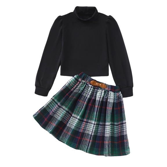 Kucnuzki 11 Years Big Girls Outfit Sets 12 Years Youth Tween Girl Skirt Set Pullover Long Sleeves Solid Color Knitted Top Plaid Pleated Skirts 2pcs Warm Clothing Black