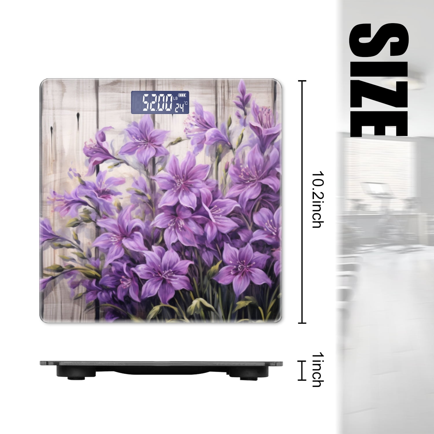High Precision Body Weight Scale Smart Bathroom Scales with Large LCD Display(400lbs),Decorative for Bedroom-Bouquet Of Purple Flowers In Front Of An Old Wooden Fence