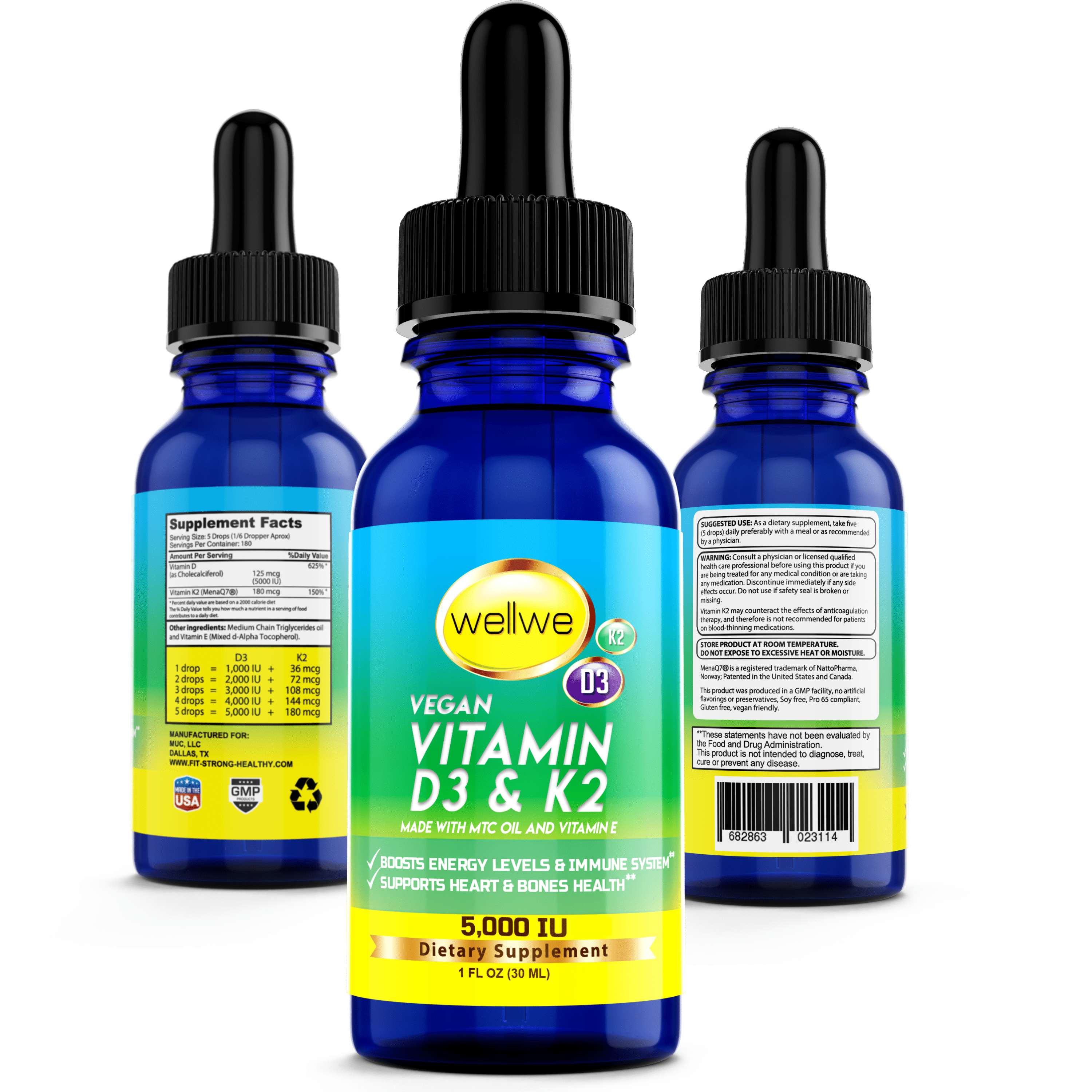 WELLWE Liquid Vitamin D3 K2 Drops with MCT Oil 5000 IU Vegan