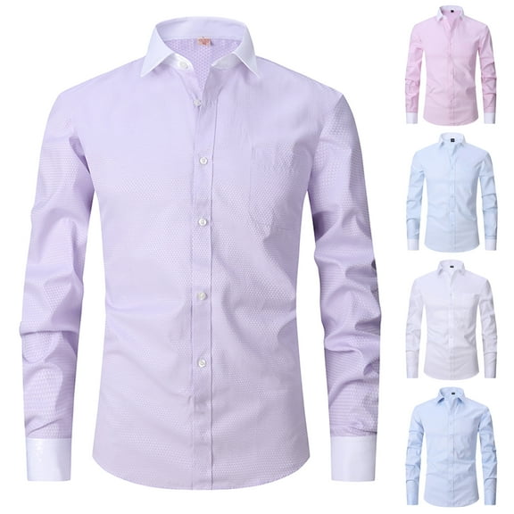 DDAPJ pyju Long Sleeve Dress Shirts for Men Business Casual Button Down Shirt Regular Fit Formal Office Shirts White L