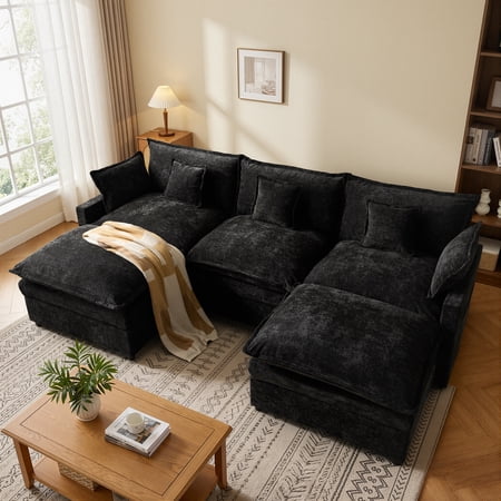 Vcatnet 107" Modular Sectional Sofa Couch Chenille Cloud Couch with 2 Ottomans L Shaped Oversized Living Room Furniture, Black