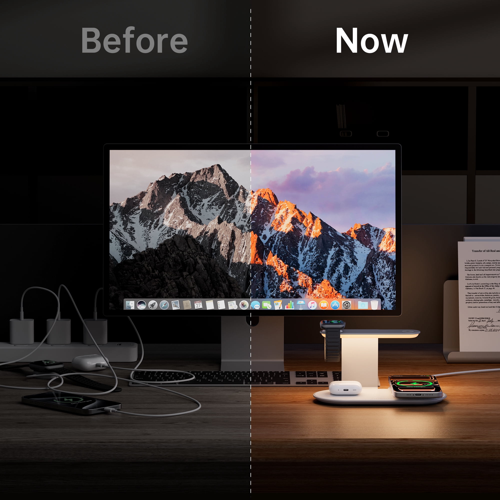 GUSGU 3 in 1 Charging Station for MagSafe Wireless Charger with Three-Level Night Light, 15W Max Fast Charging for iPhone 17/16/15, Apple Watch Series, AirPods Series