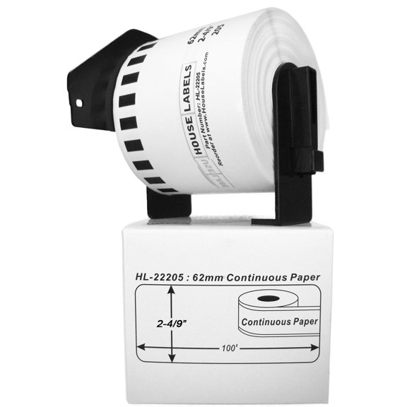 HOUSELABELS Compatible with DK-2205 Replacement Roll for Brother QL Label Printers; Continuous Length Labels; 2-4/9" x 100 feet (62mm*30.48m) with 1 REUSABLE CARTRIDGE - 4 Rolls