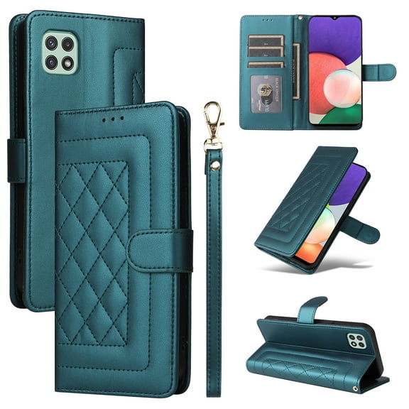for Samsung Galaxy A22 5G Thin Fit Case Cover, Premium PU Leather Magnetic Wallet Flip Case with Stand Bracket Holder Flip Cover with Card Slots and Wrist Strap for Samsung Galaxy A22 5G - Darkgreen