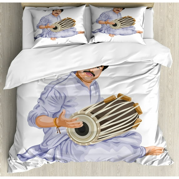 Drums Duvet Cover Set Queen Size, Illustration of a Man Dressed in Cultural Clothes Sitting Barefoot Orient Scene, Decorative 3 Piece Bedding Set with 2 Pillow Shams, White Multicolor, by Ambesonne
