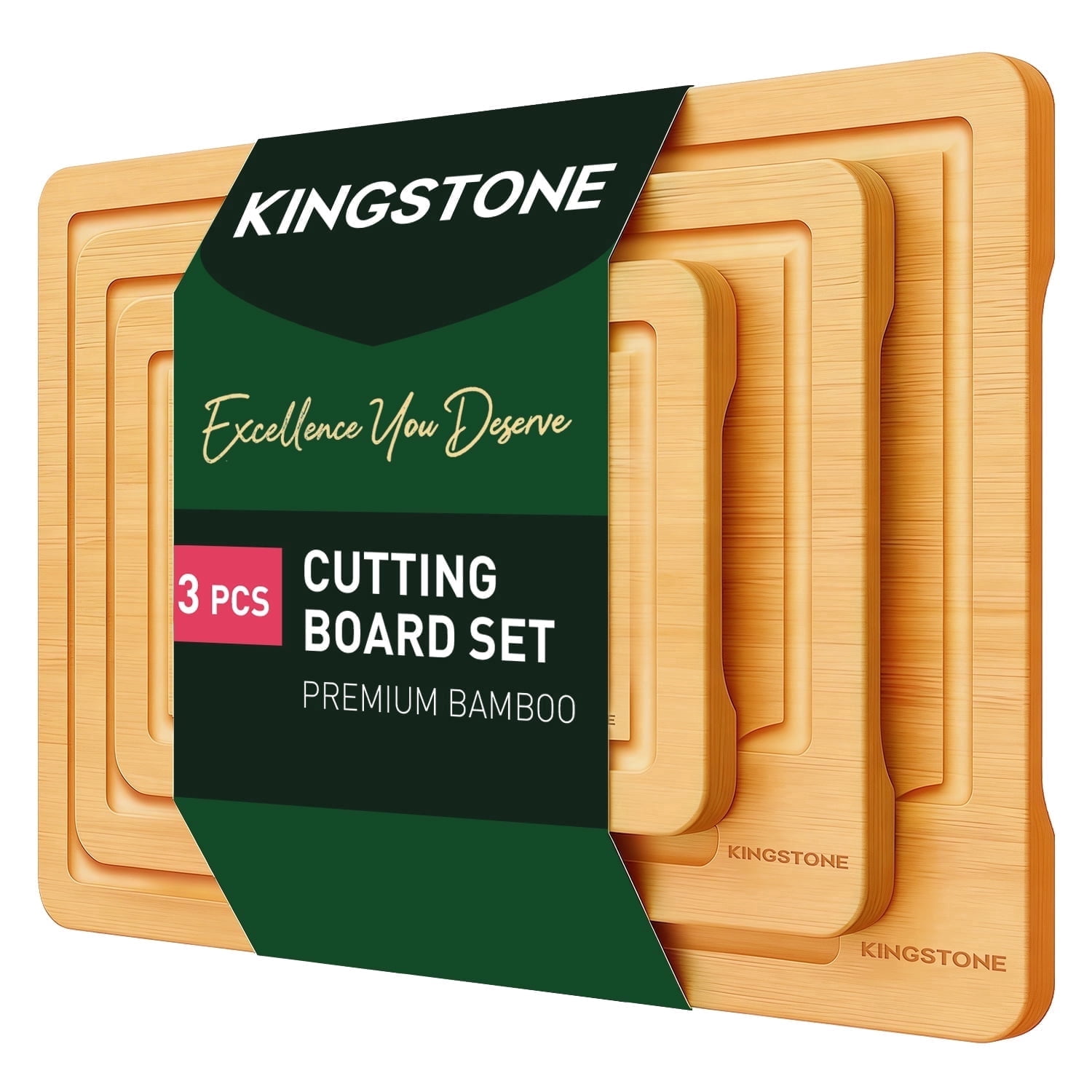 KINGSTONE 3-Piece Bamboo Cutting Board Set, Wooden Kitchen Chopping Boards with Juice Groove for Meat, Fruit & Vegetables