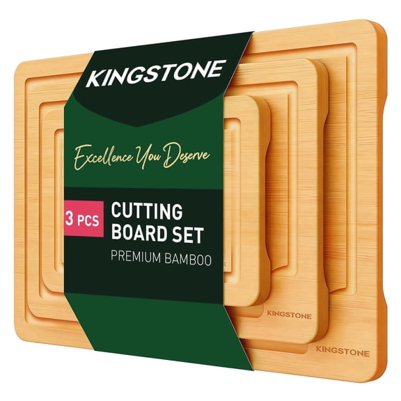 KINGSTONE 3-Piece Bamboo Cutting Board Set, Wooden Kitchen Chopping Boards with Juice Groove for Meat, Fruit & Vegetables