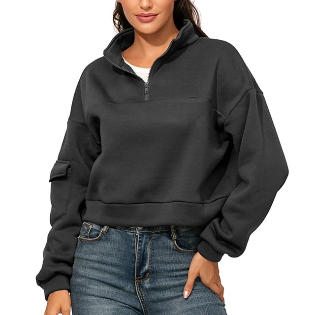 Sudadera con Media Cremallera Mujer Color Puro Fibra De Poliéster Transpirable Sudadera Sin Capucha Sudaderas Informales para Mujer para Oficina Gris Oscuro L