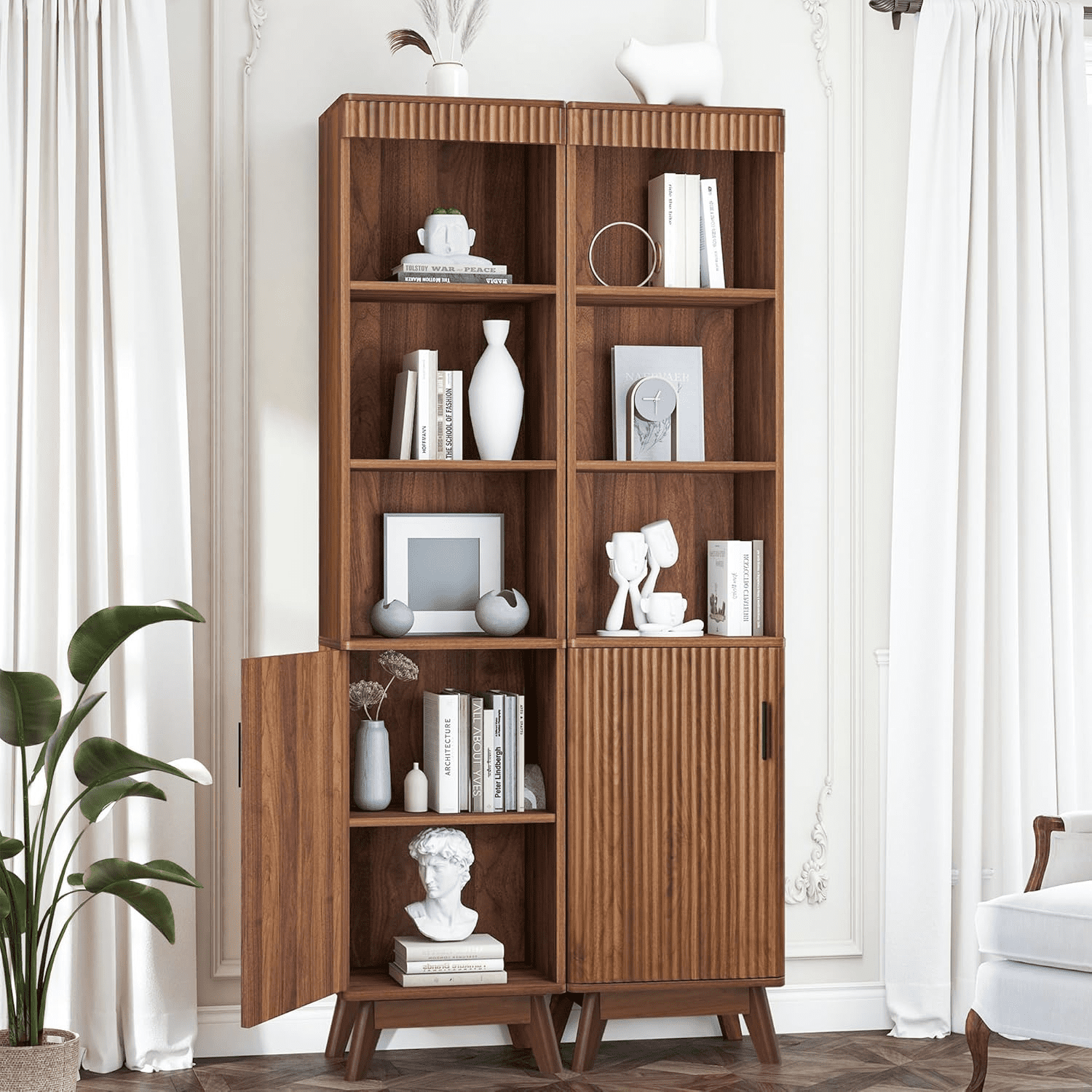 LEFHDA 68" Bathroom Storage Cabinet with Doors, Narrow Tall Fluted Cabinet, Wooden Mid-century Modern Cabinet with Adjustable Shelf, Bathroom Kitchen Living Room
