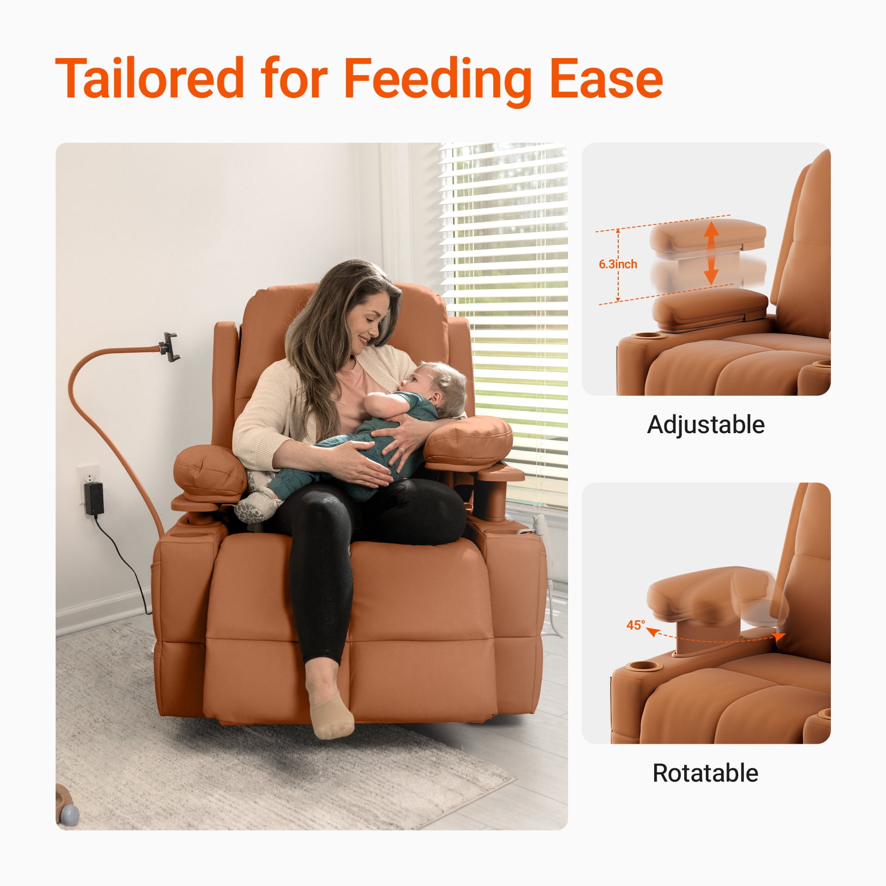 MAMAZING Nursery Rocking Chair Swivel Glider Oversized Recliner with Pockets Electric Power Baby Nursing Chair Brown