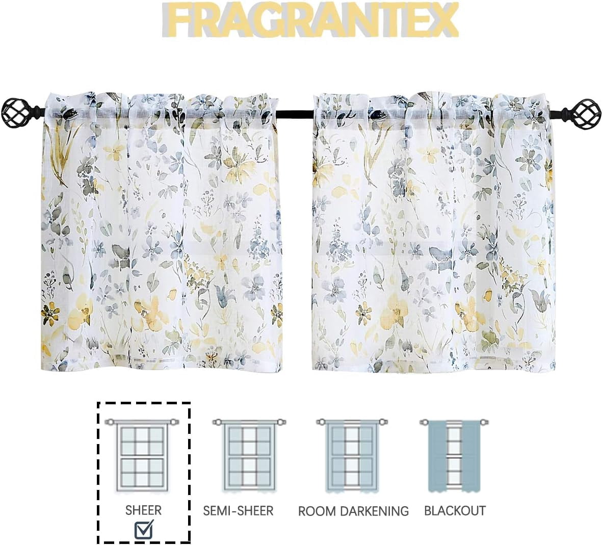 Floral Yellow and Grey Sheer Kitchen Curtains 24 inch Farmhouse Small Window Curtains Linen Textured Watercolor Short Cafe Curtains for Bathroom/Basement,28" W x 24" L 2 Panels Rod Pocket