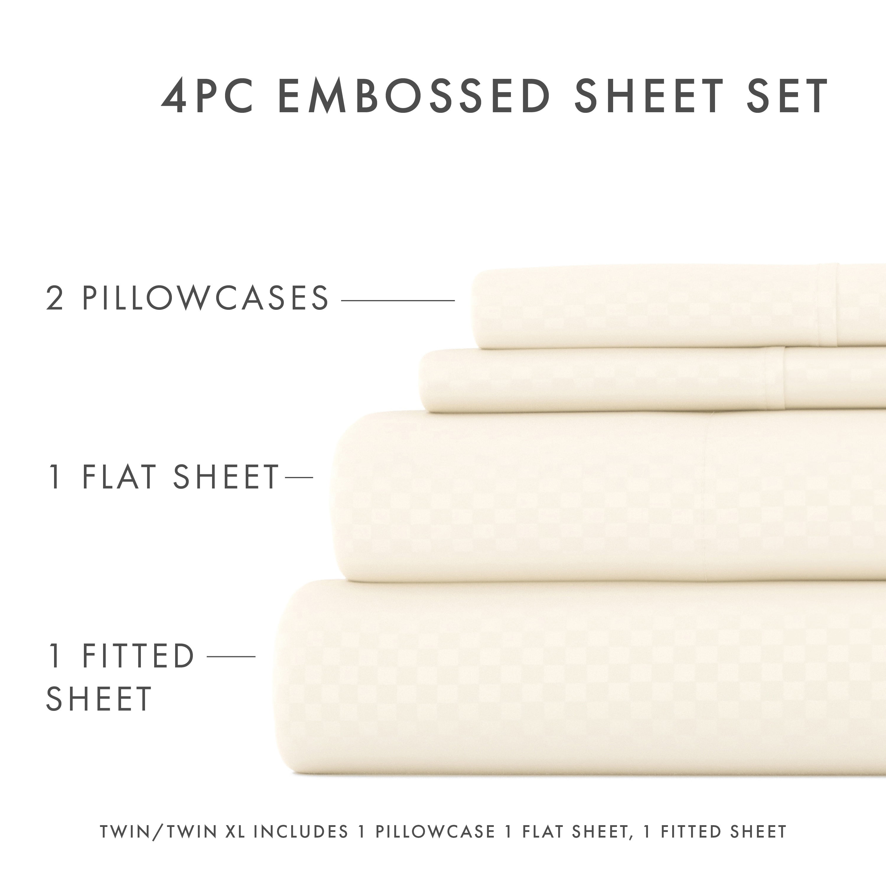 Noble Linens 4 Piece Ivory Checkered Embossed Bed Sheet Set, King