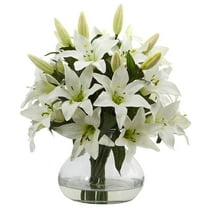 Nearly Natural 16"H Lily Silk Arrangement with Glass Vase