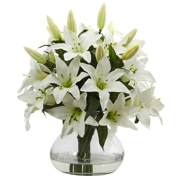 Nearly Natural 16"H Lily Silk Arrangement with Glass Vase