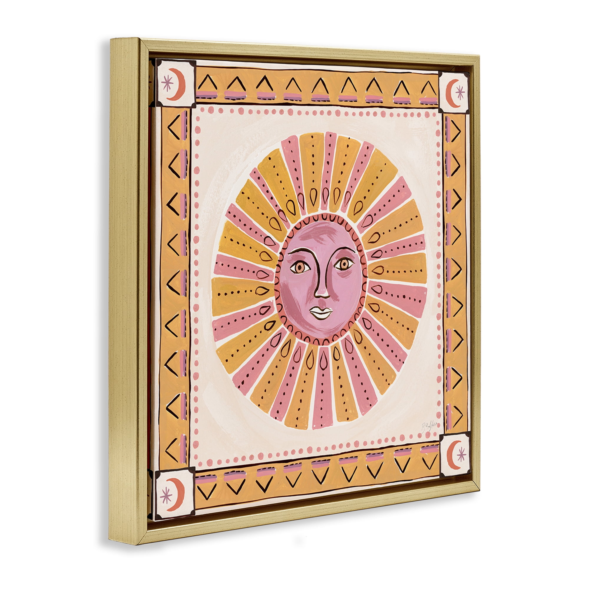 Stupell Industries Pink Sun Face with Geometric Border Gold Framed Floater Canvas Wall Art, design by Two If By Sea Studios