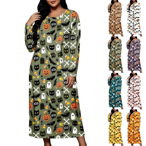 Women's Plus Halloween Nightgown Pumpkin Ghost Print Crewneck Long Sleeve Dress Fall Loungewear Sleep Maxi Dress