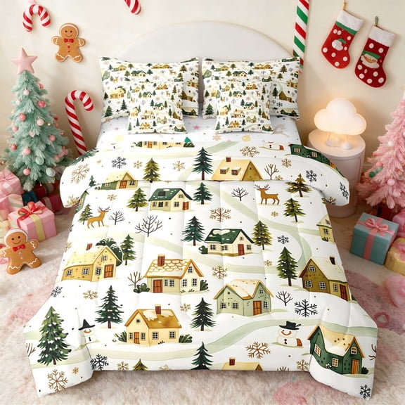 Manfei Village Twin Bedding 7pcs Snow Bedding Comforter Set, Peach Pink, Xmas Reversible