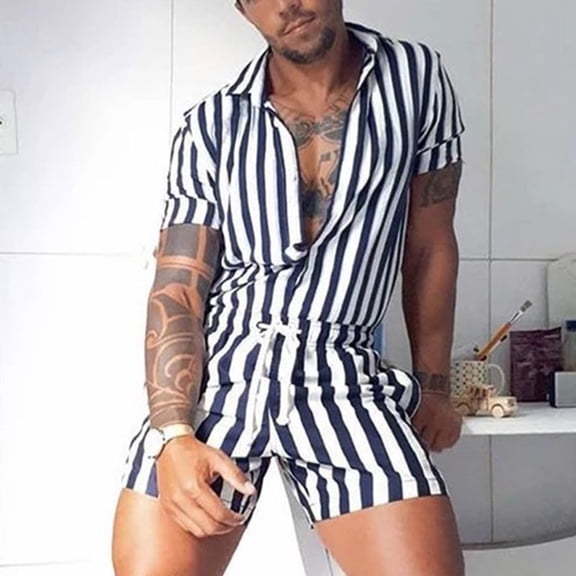 VBTAPA Mens Rompers Casual Striped Jumpsuit Short Sleeve Button Down Overall Jumpsuits Drawstring Waist Shorts Romper Summer Casual Workout One Piece Outfits Blue L