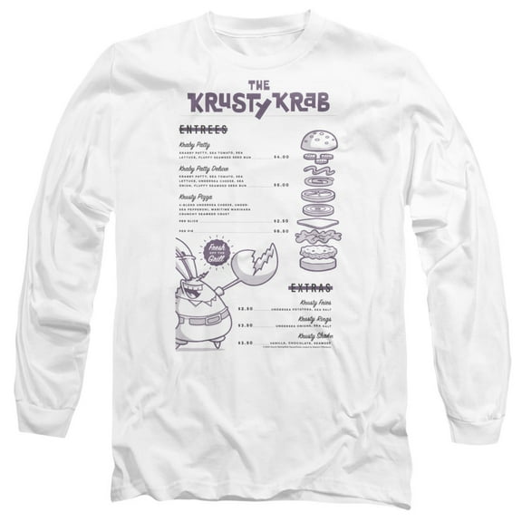 SpongeBob SquarePants Krusty Krab Menu Unisex Adult Long-Sleeve T Shirt, White, Small