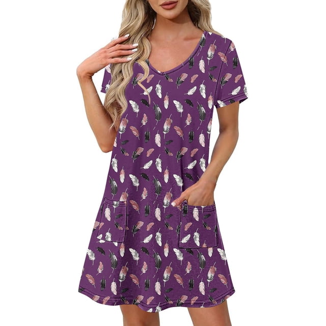Robe à Imprimé Floral pour Femmes Été Décontractée à Manches Courtes Col en V Robe T-Shirt Coupe Ample Style Tunique