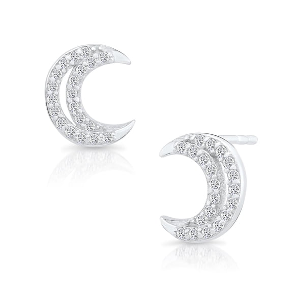 Tilo Jewelry 925 Sterling Silver Moon Design Stud Earrings with Cubic Zirconia CZ Stones for Women & Unisex
