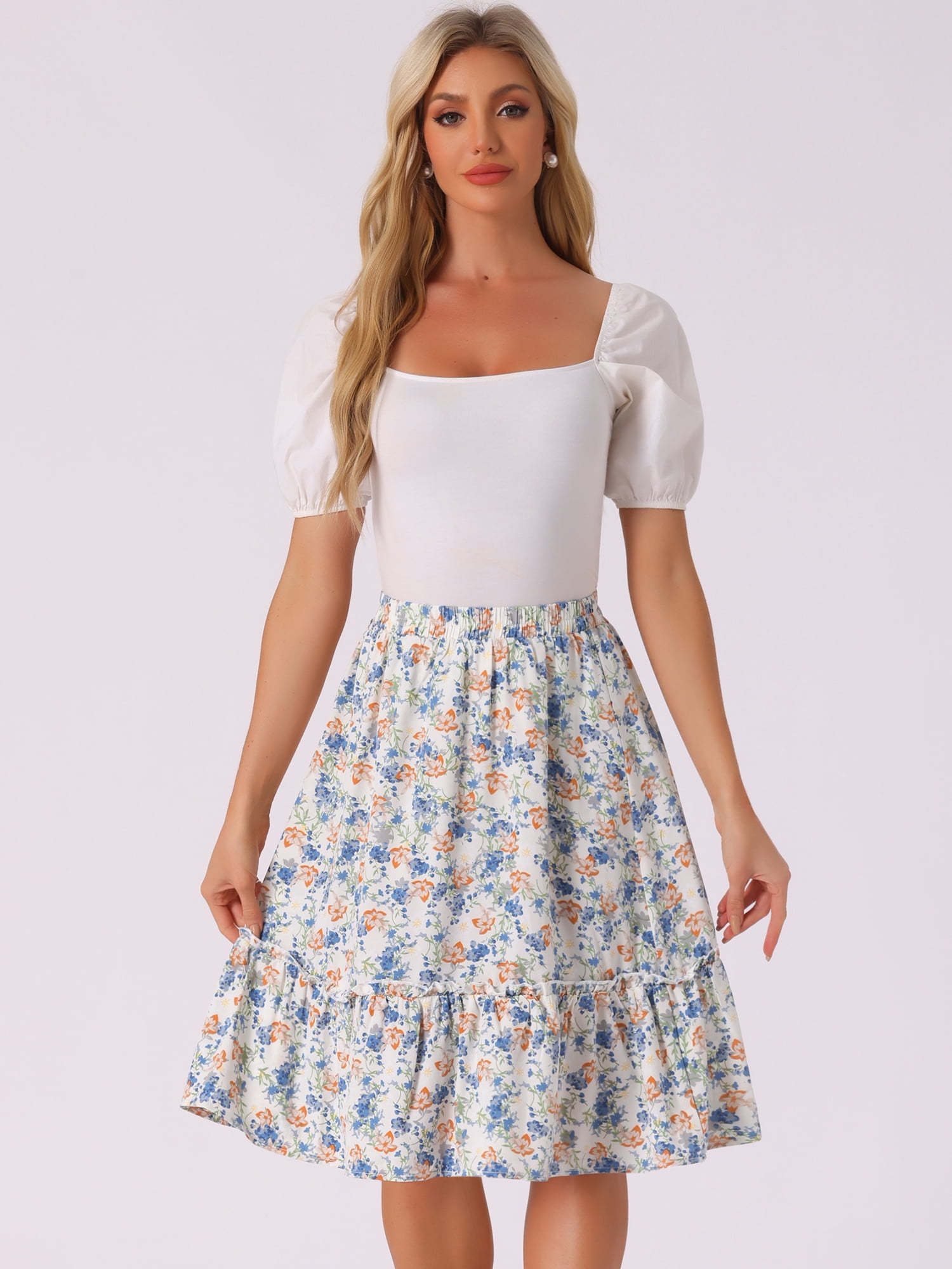 DARING DIVA Women's Flowy Ruffle Hem Tiered Floral Midi Skirt M Blue White
