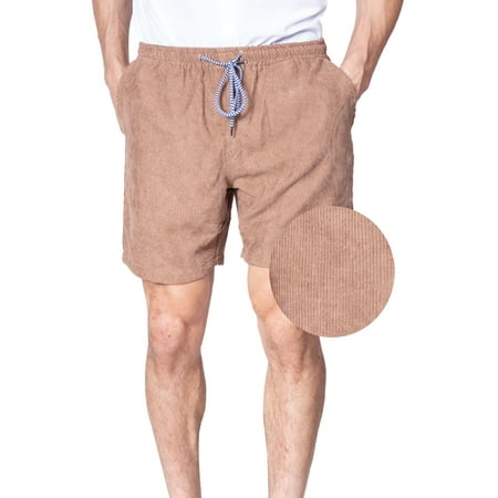 Mens Elastic Waist Corduroy Shorts Drawstring Tie 6 Inch Casual Khaki Walkshort (Large,