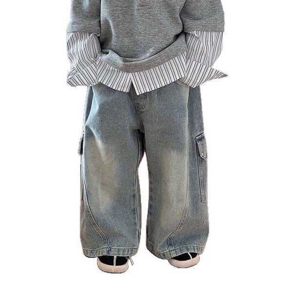 Coerni Boys Cargo Jeans Vintage Washed Baggy Straight Wide Leg Pants Toddler Kids Trendy Y2K Streetwear with Side Large Pockets