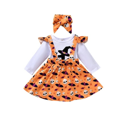 

Newborn Infant Baby Girl Halloween Clothes Set Printed Long Sleeve Romper Suspender Skirt Headdress