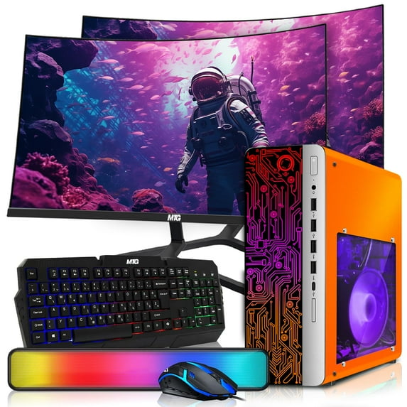 Restored HP Desktop Computer PC Phoenix Intel i5, 16GB RAM, 512GB SSD, Dual 32 Inch Curved Monitor, RGB KBM with AI Copilot, WiFi, RGB Soundbar, Windows 11