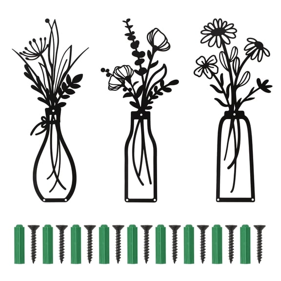 HUIANER 3 Pcs Metal Flower Wall Decor, Vase Wall Art Home Decor for Living Room Bathroom Bedroom, Black