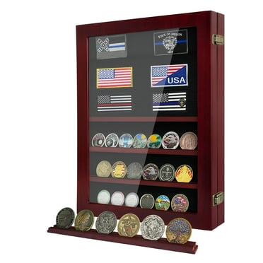 Atsknsk Military Challenge Coin Display Case Holder, Lockable Wooden Army Coins Display Box Cabinet with HD Tempered Glass, Coin Stand Rack with Removable Shelves and Wall Mounted, Red