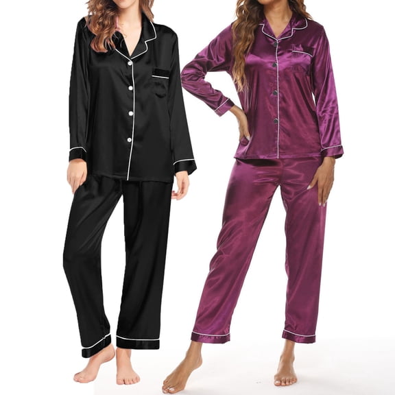 Pxiakgy Pajamas for Women Set Lady's Autumn Pajamas Long Sleeve Shirt Set Solid Color Casual Small Lapel Cardigan Wear Satin Pajama Set for Women Z-Purple2 M