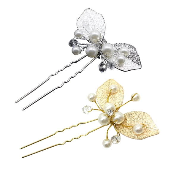 Naierhg Bridal Wedding U Shape Leaf Rhinestone Faux Pearl Hair Stick Hairpins Gifts