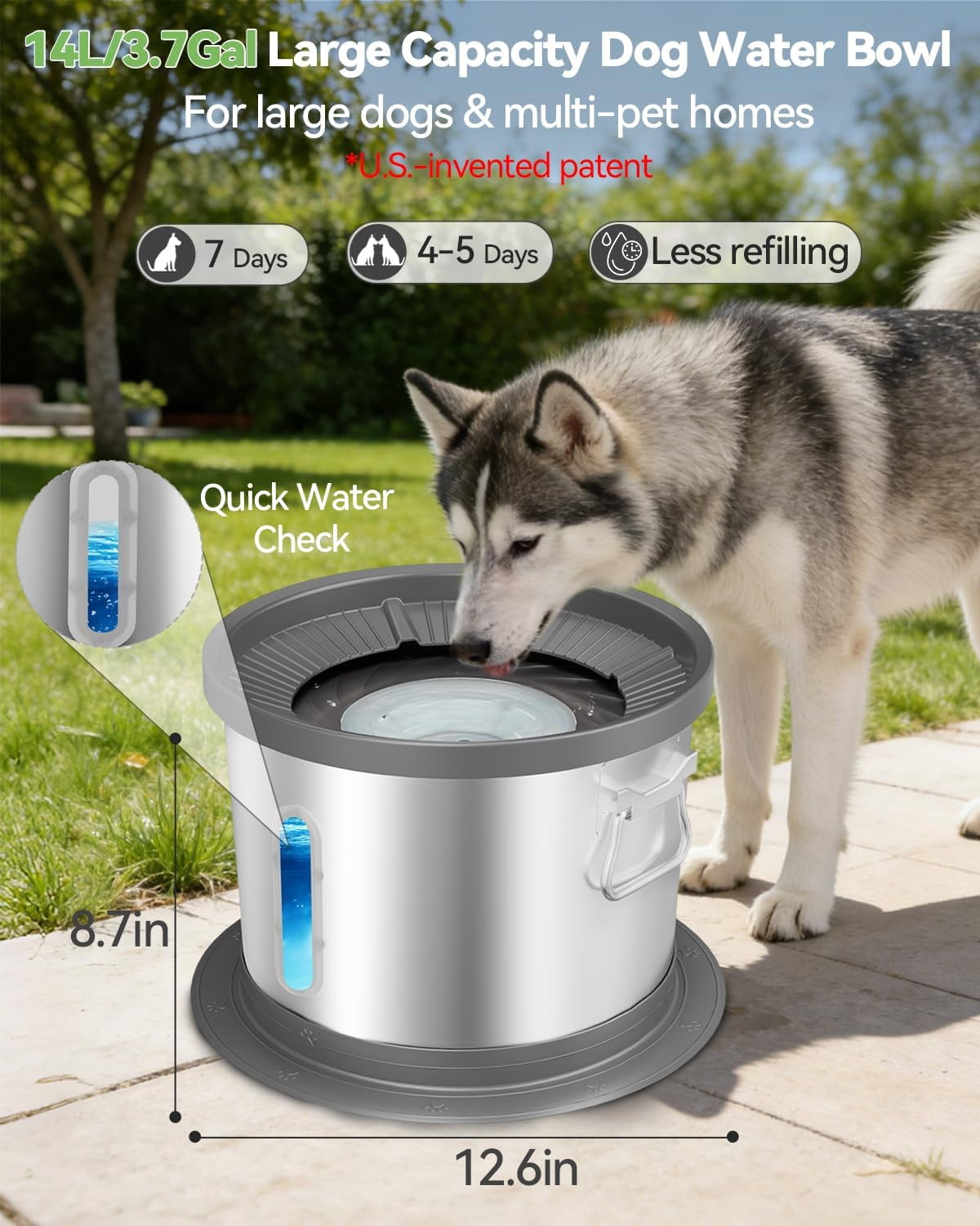 14L No Spill Dog Water Bowl, Stainless Steel Spill Proof Dog Bowl with Water Window, Dual-Suction Anti-Slip Large Capacity Slow Drinking Bowl with Floating Disk for Large Dogs & Messy Drinkers