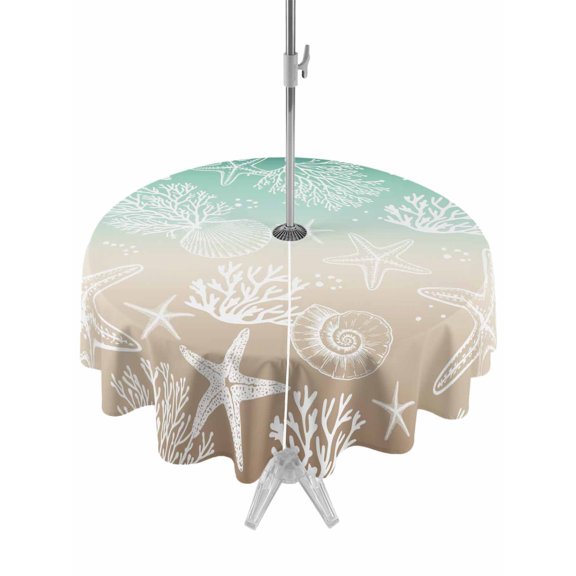 Outdoor Tablecloth with Umbrella Hole for Patio/Picnic/Party/Camping, Green Ombre Coastal Waterproof Table Cloth Round Cover Washable, Sea Nautical Summer Beach Starfish Coral (Dia 60")