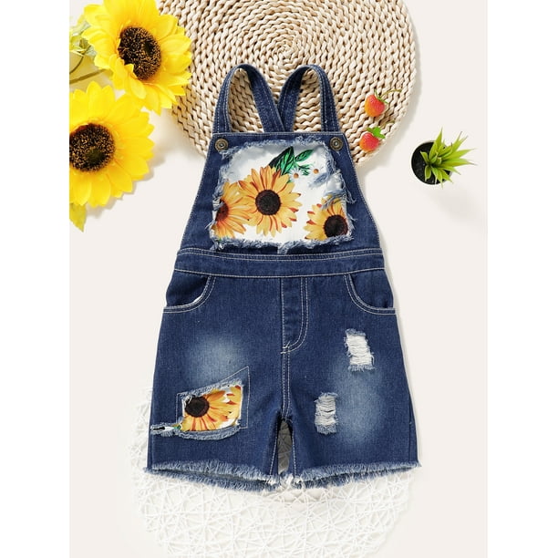 EYIIYE Toddler Girl Sunflower Print Suspender Overalls Shorts with Pocket