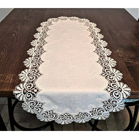 

Doily Boutique Table Runner or Dresser Scarf in Bleached White Fancy Lace and Fabric Handmade Size 36 x 15 inches