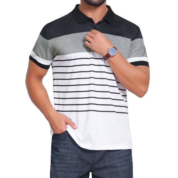 DARING DIVA Men's Colorblock Striped Short Sleeve Three Button Polo Shirts S Black White