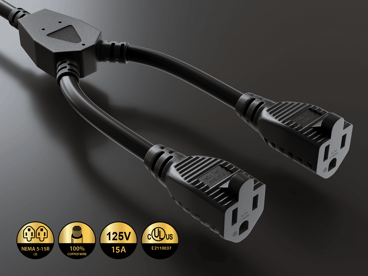 Cable Leader 72in NEMA 5-15P to Dual NEMA 5-15R Low Profile Power Cord Splitter 14AWG