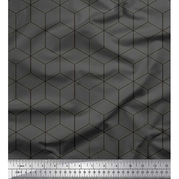 Soimoi Gray Japan Crepe Satin Fabric Maze Cube Geometric Printed Fabric 1 Yard 42 Inch Wide
