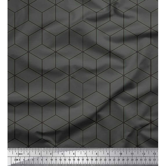 Soimoi Gray Modal Satin Fabric Maze Cube Geometric Print Fabric by Yard 42 Inch Wide
