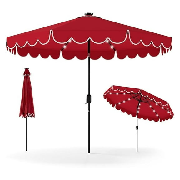 HYYOP 9 FT Solar Patio Umbrella, 2-Tiers Scalloped Outdoor Table Market Umbrella with 32 LED Lights, Vented Top, Tilt Adjustment, Crank, 8 Ribs for Backyard Poolside Deck Beach Lawn (Red)