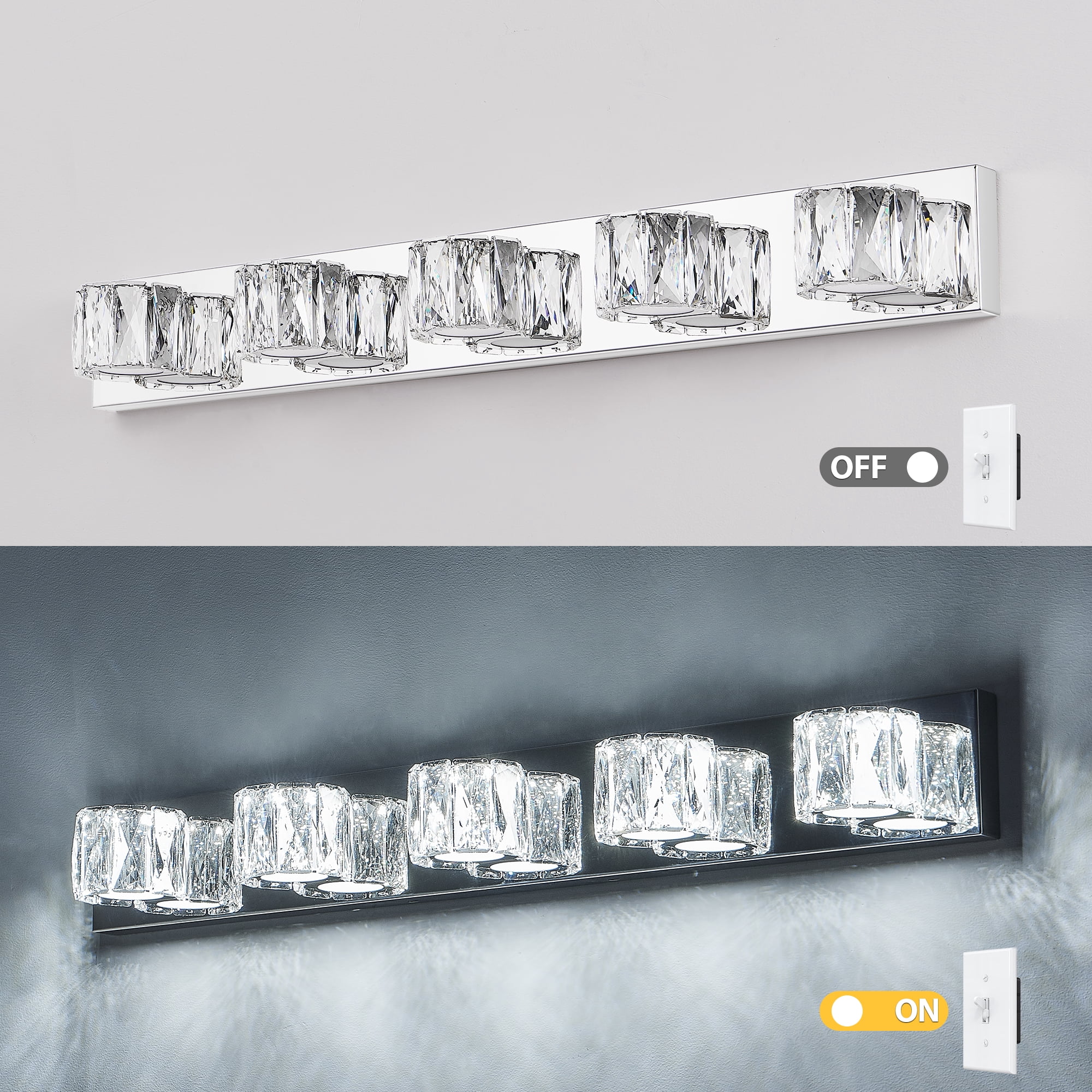 5 Lights Bathroom Crystal Modern Vanity Light 34.6in Vanity Lights for Bathroom - Dimmable LED Over Mirror Cool White Light Bath Light Fixtures Chrome