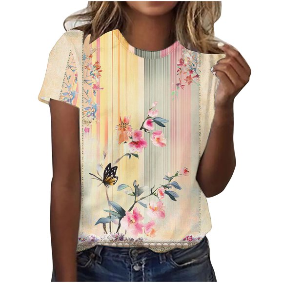 Tnhcen Chandail d'Été Vintage à Imprimé Floral pour Femmes / Grande Taille P-3TG / Mélange de Polyester et Spandex Décontracté