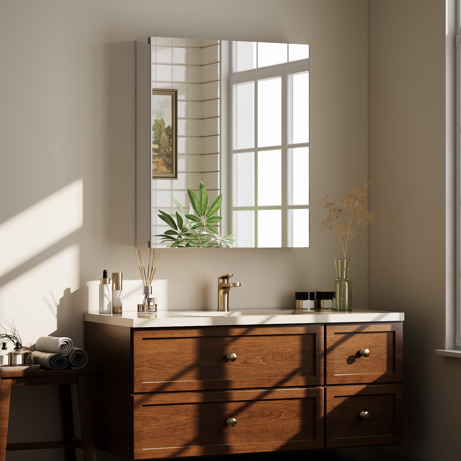 Easy4Home 24"x16" Bathroom Medicine Cabinet with Mirror, Surface Mount Mirror Cabinet with Adjustable Shelves