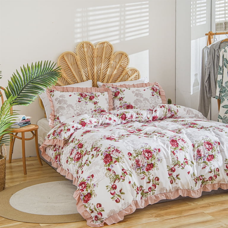Single Bed Ruffle Rose Floral Ruffle Frill Quilt Duvet Cover Set Single